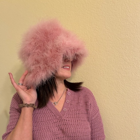 Adrienne Landau Pink marabou feather bucket hat